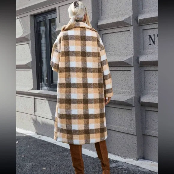 Cozy plaid lapel neck teddy coat
